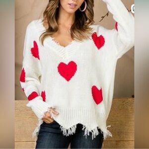Main Strip L White Red Hearts V-Neck Open Knit Slouchy Fringe Valentine Sweater